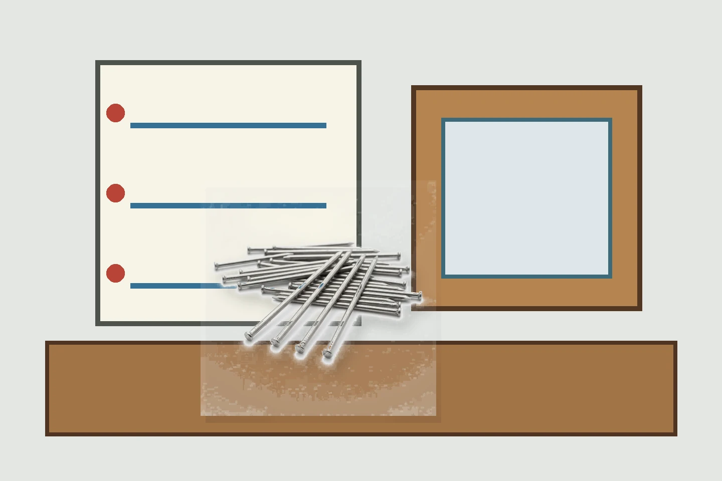 Pneumatic fastener sample approval board with a representative nail sample