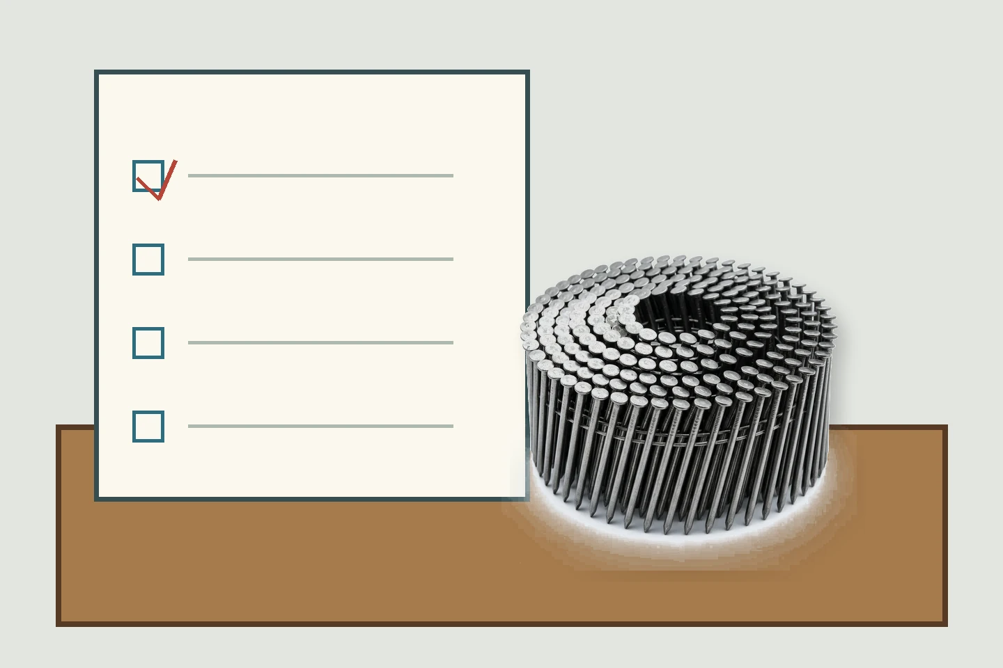 Incoming inspection checklist beside a pneumatic fastener coil