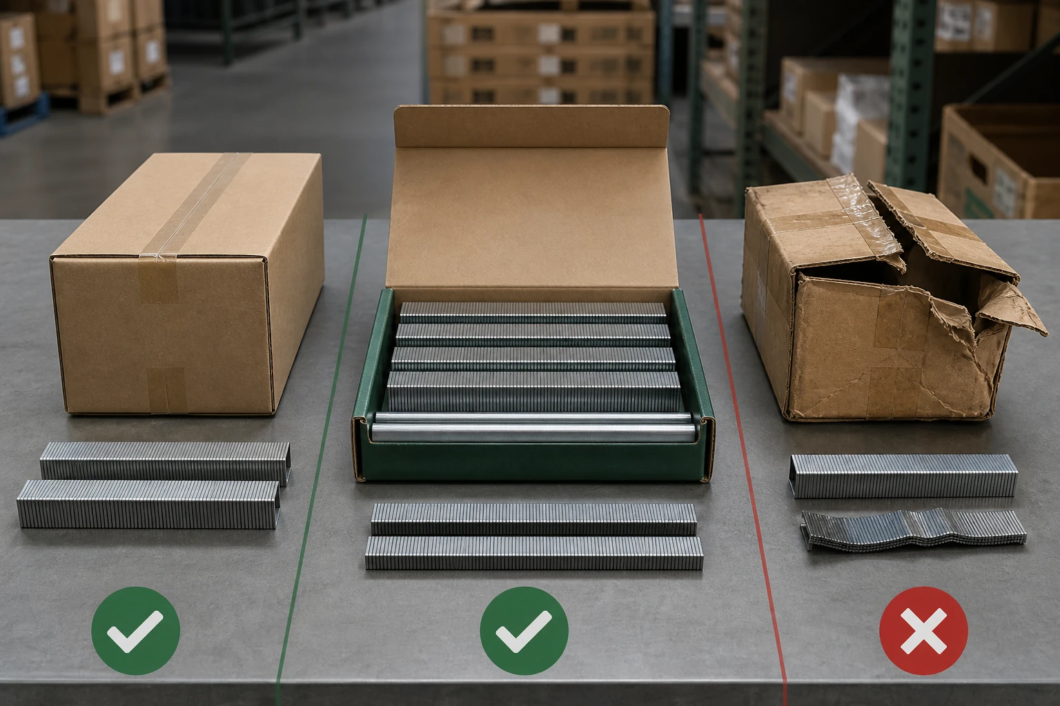 Sealed open and damaged staple cartons compared during a storage life review