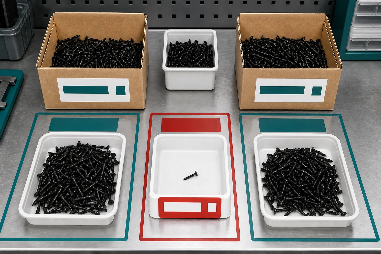 Black drywall screws separated into approved and quarantine lanes by carton identity