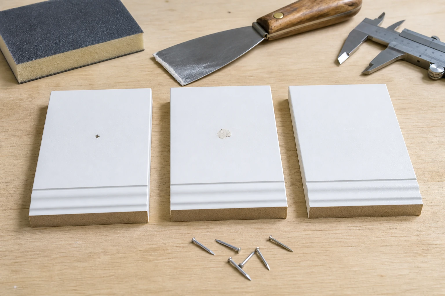 Three white trim coupons showing unfilled filled and finished brad nail holes
