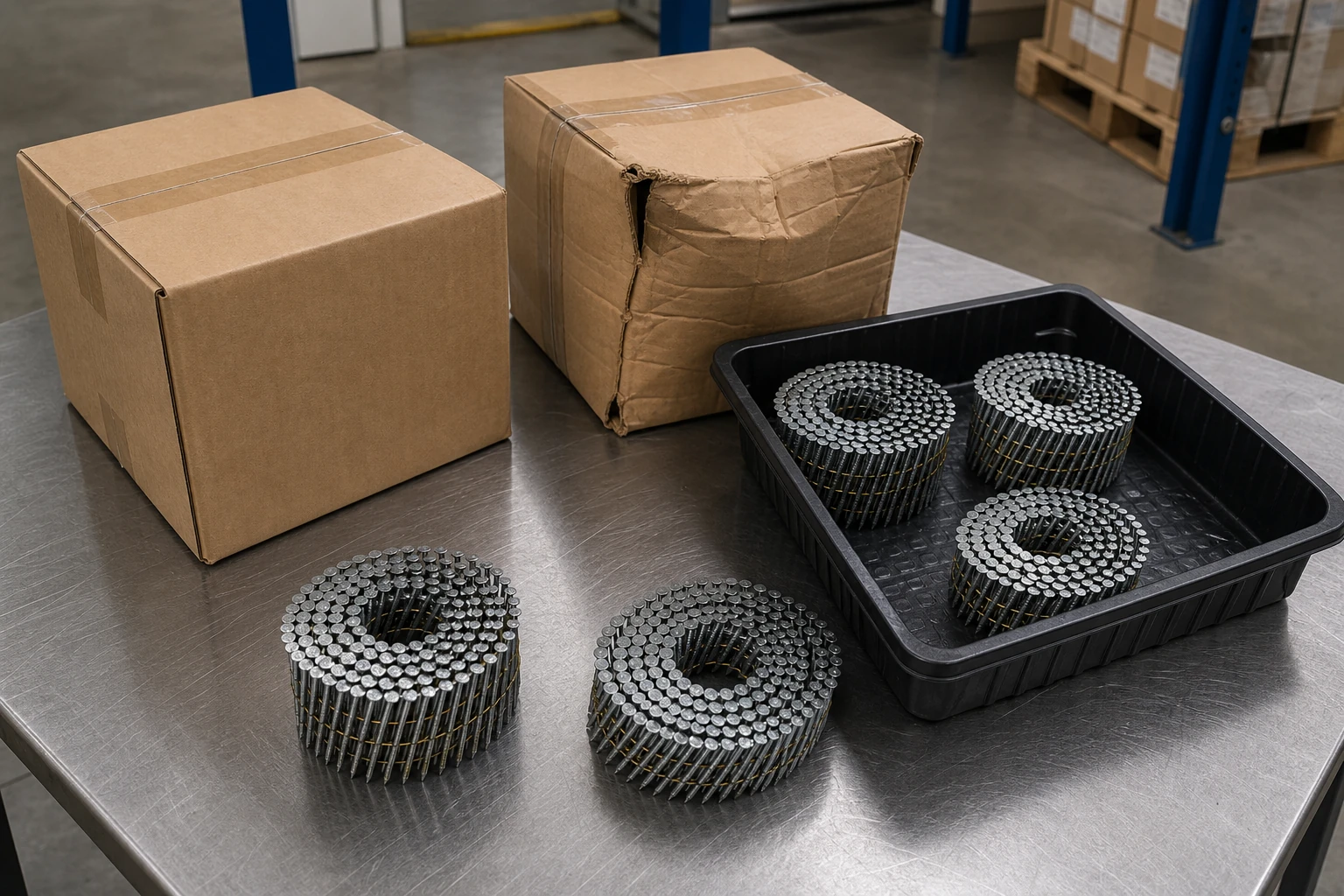 Intact and corner-damaged cartons with coil nails arranged for impact review