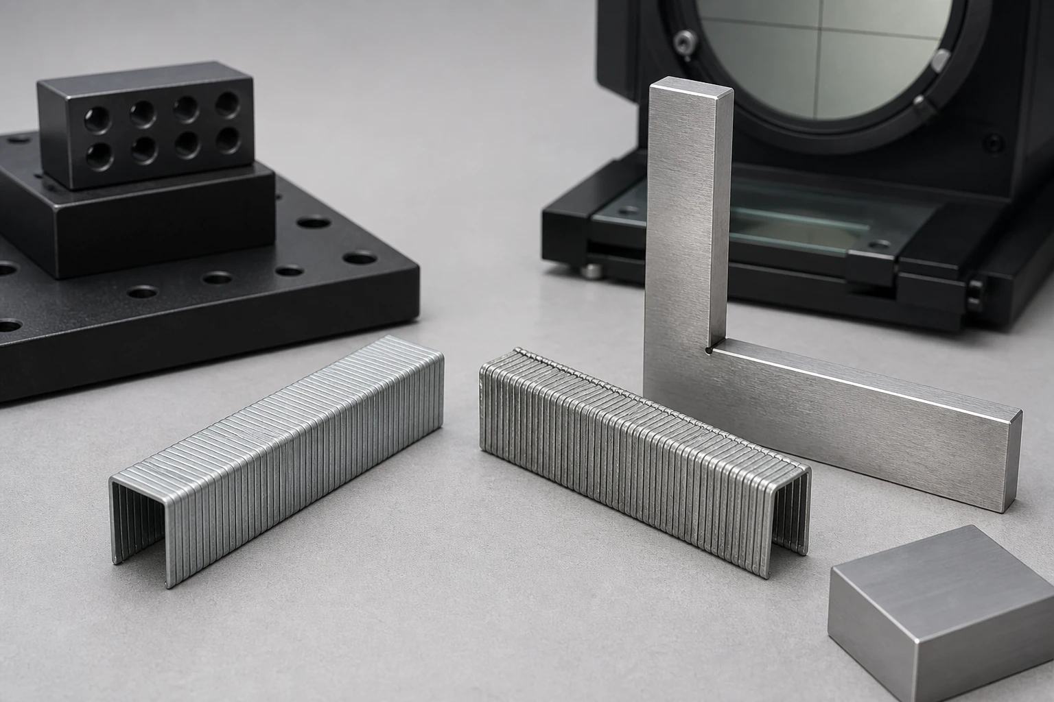 Pneumatic staple strips beside a machinist square on a metrology bench