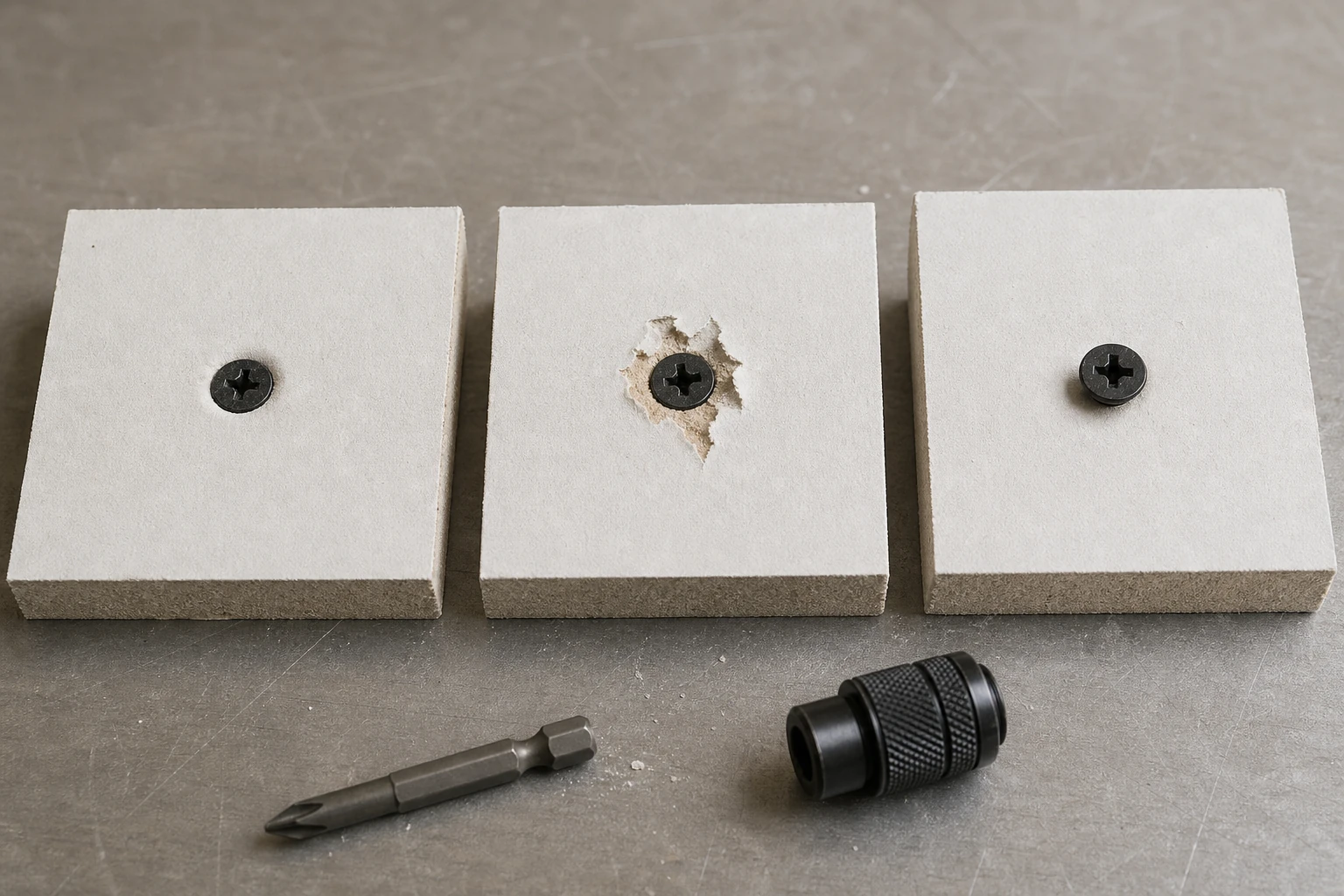Three gypsum board coupons showing correct torn and proud drywall screw seating