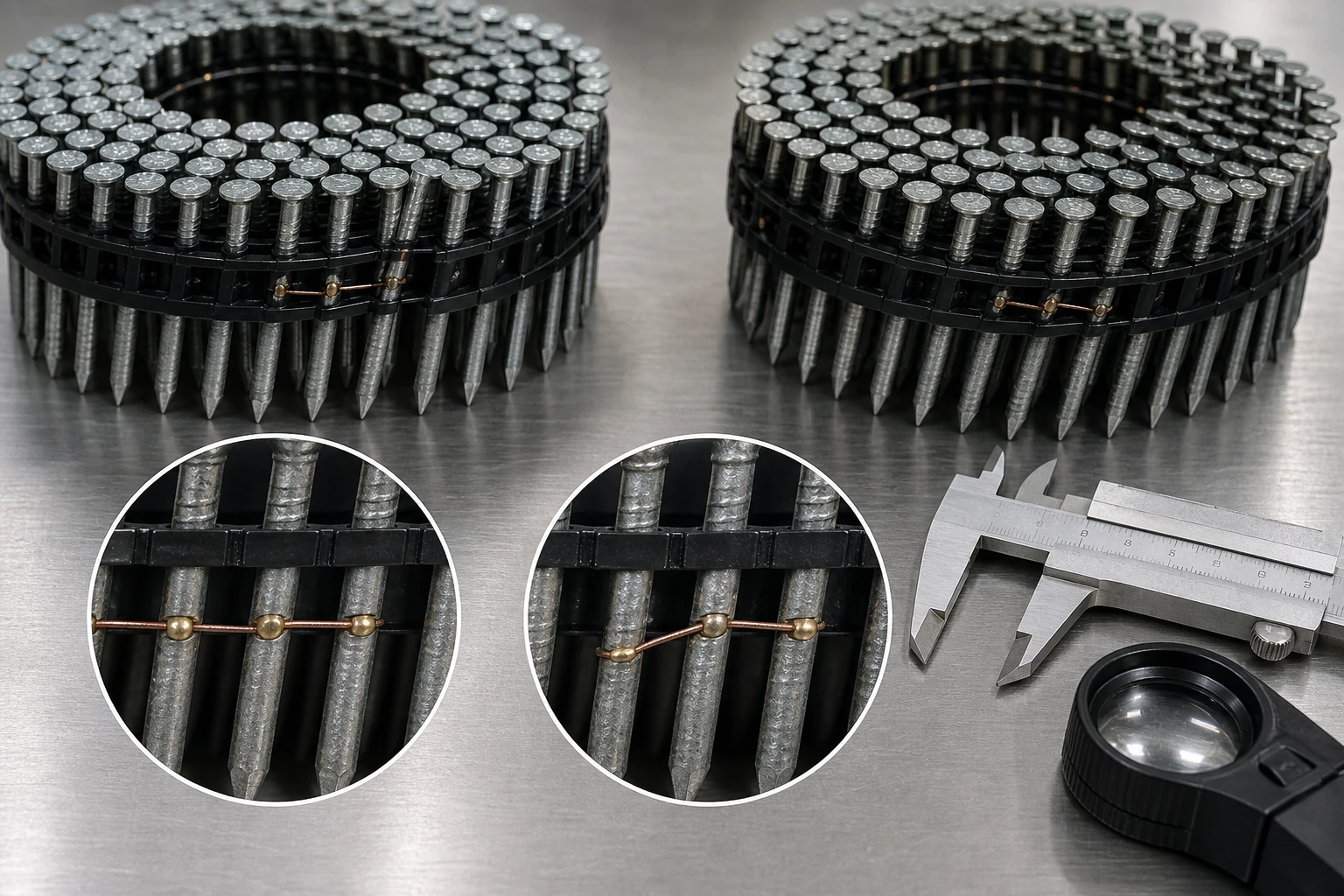 Coil nails with aligned and offset wire weld joints under inspection
