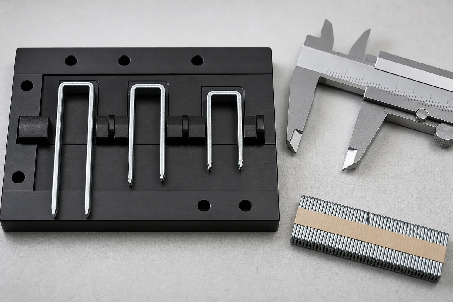 Pneumatic staples measured for left and right leg length on a metrology bench