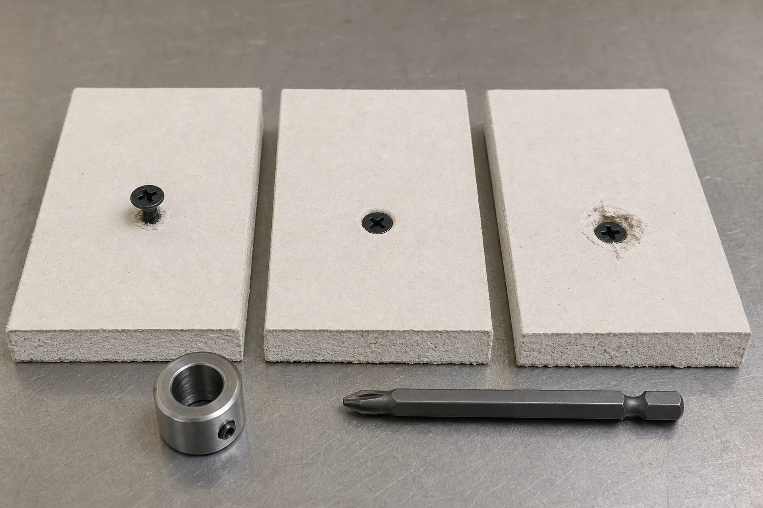 Gypsum board coupons showing proud accepted and overdriven drywall screw heads