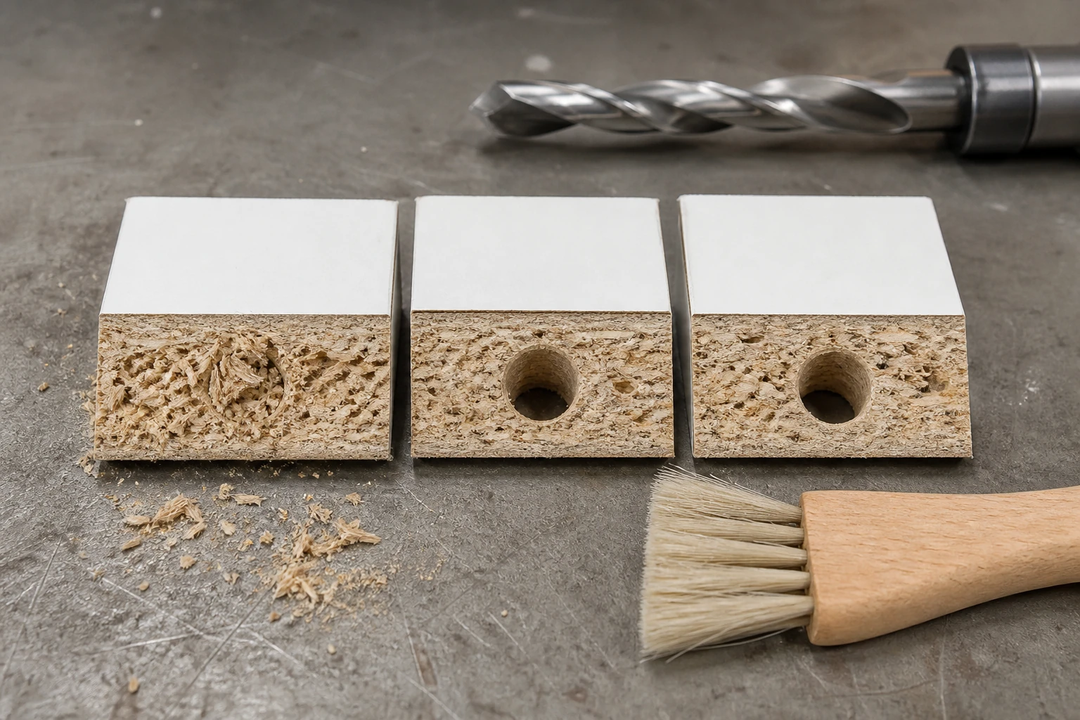 Chipboard pilot holes shown clogged brushed and air cleared before screw driving