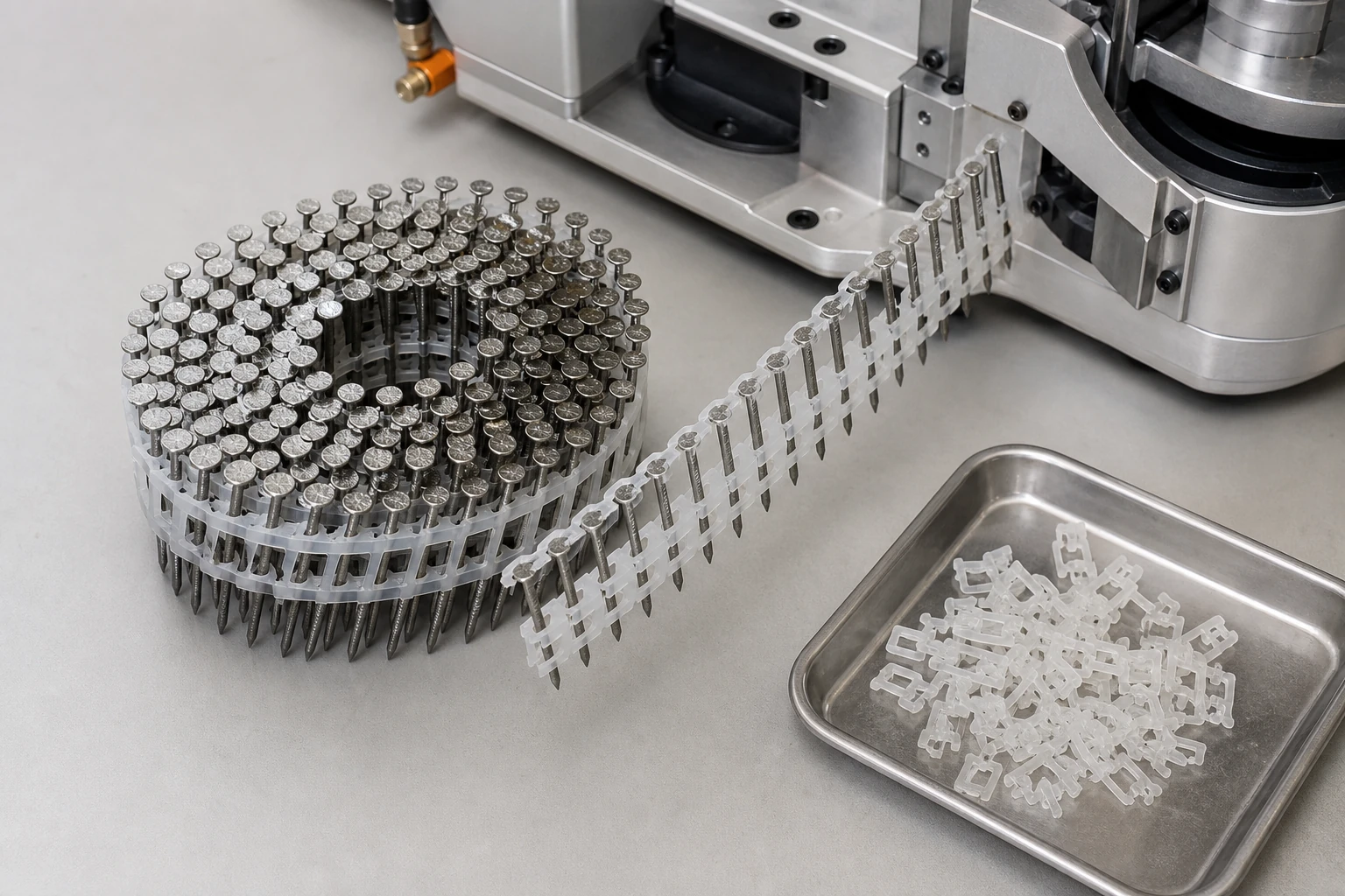 Plastic collated coil nails beside a feed fixture and captured carrier fragments