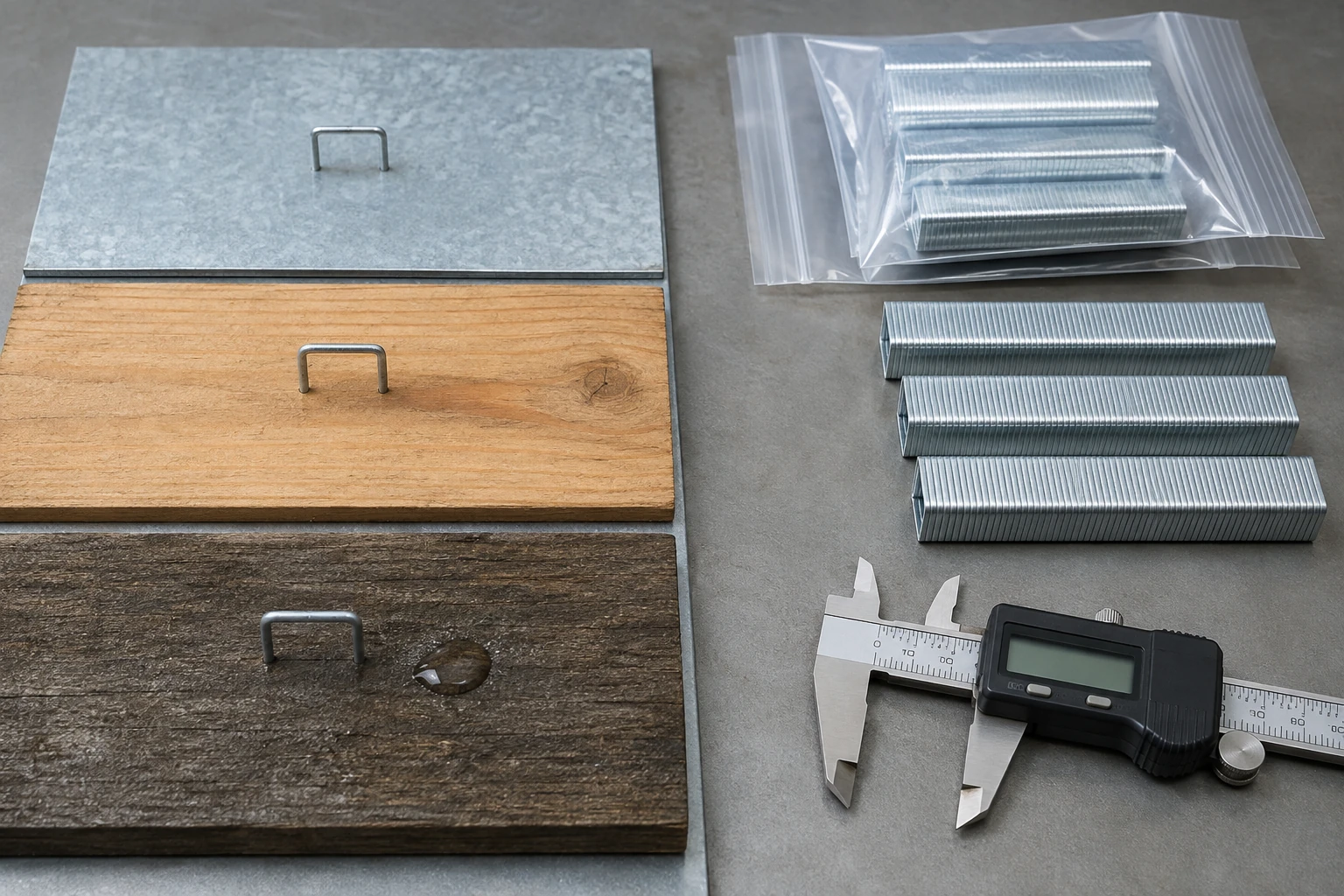 Galvanized staples supplier samples beside dry wood moisture and metal exposure coupons