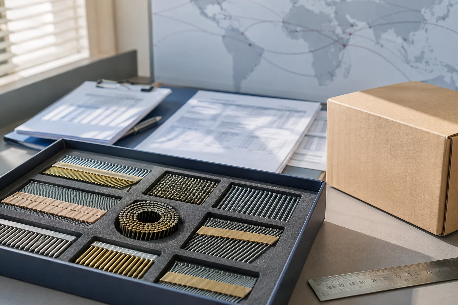 China pneumatic nails supplier export inquiry desk with nail trays cartons ruler and shipping papers