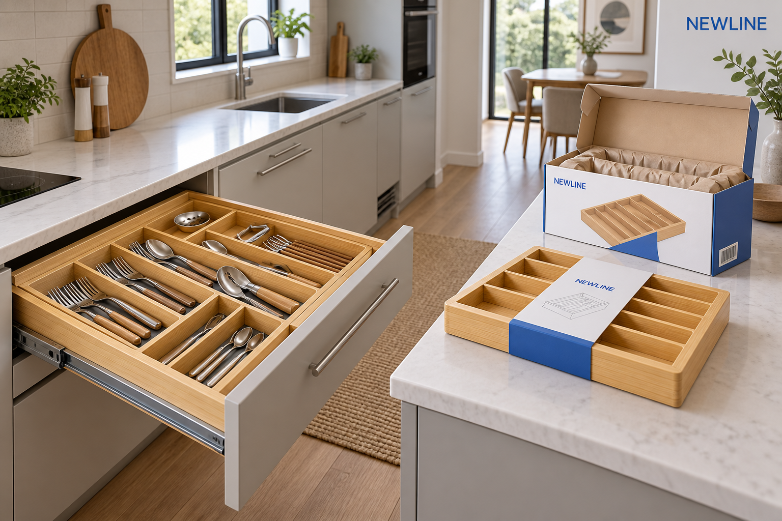 Expandable bamboo drawer organizer in a modern kitchen with blue NEWLINE private-label retail packaging