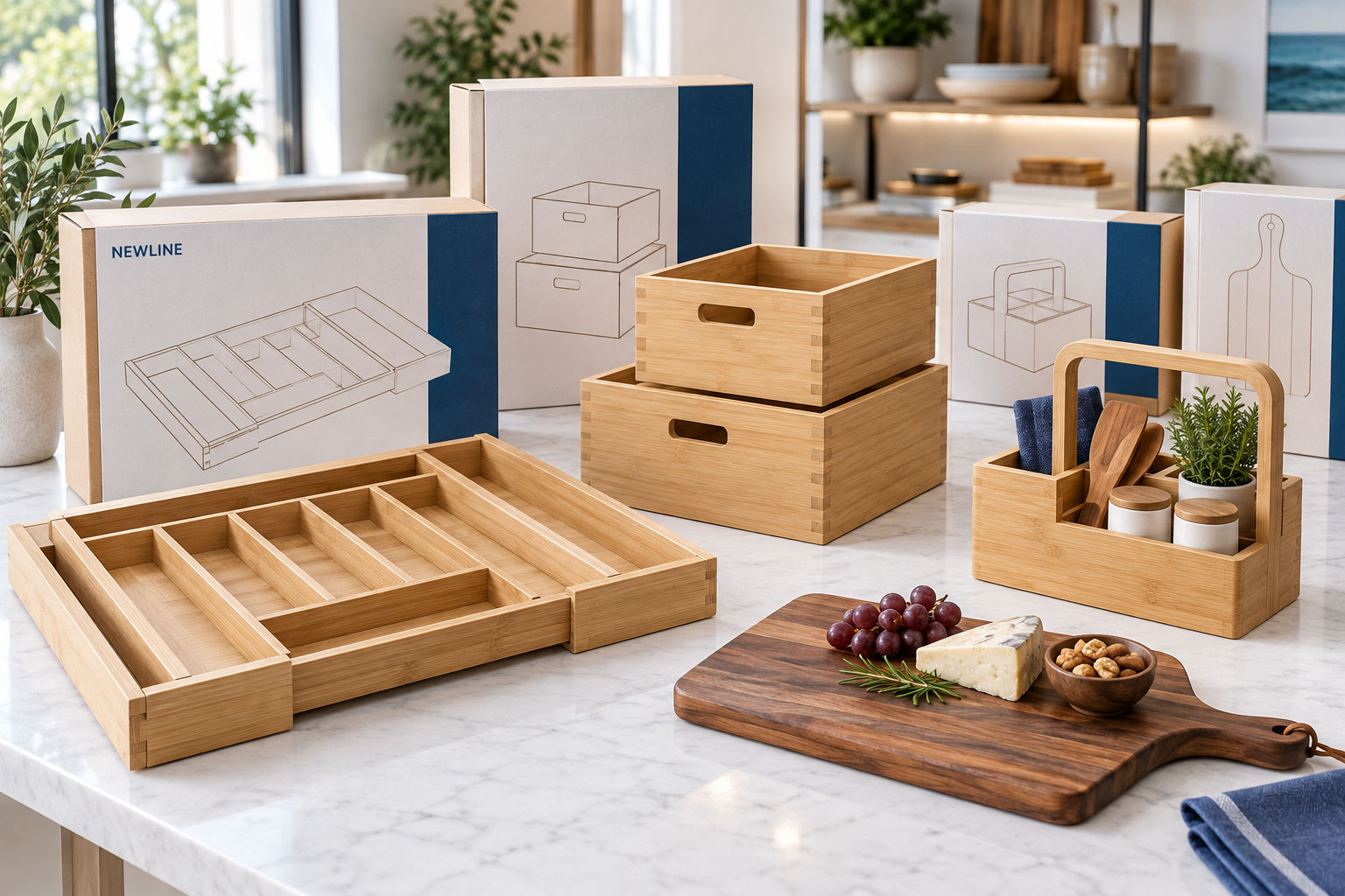 NEWLINE expandable bamboo drawer organizer wholesale assortment with bamboo storage boxes wooden charcuterie board and private-label retail packaging
