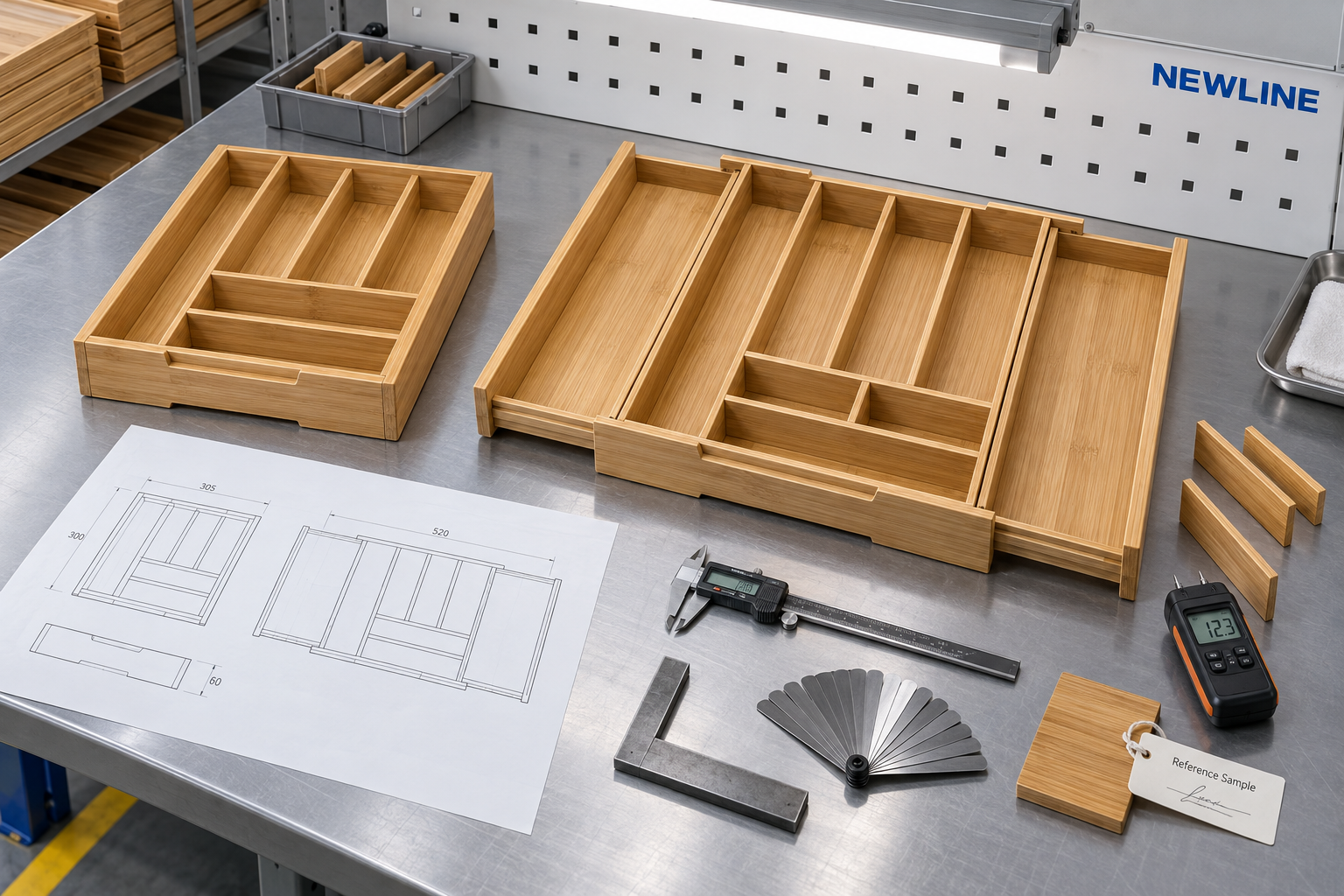 NEWLINE bamboo drawer organizer manufacturer quality control workbench with compact and expanded samples caliper drawing and inspection tools
