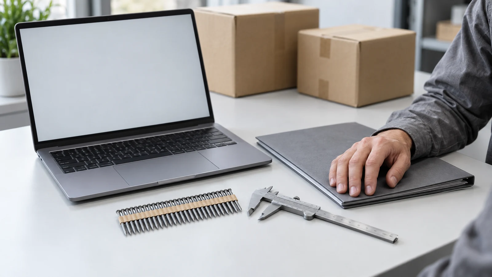 HS code for collated nails illustrated with a nail strip beside a customs classification worksheet and shipping cartons