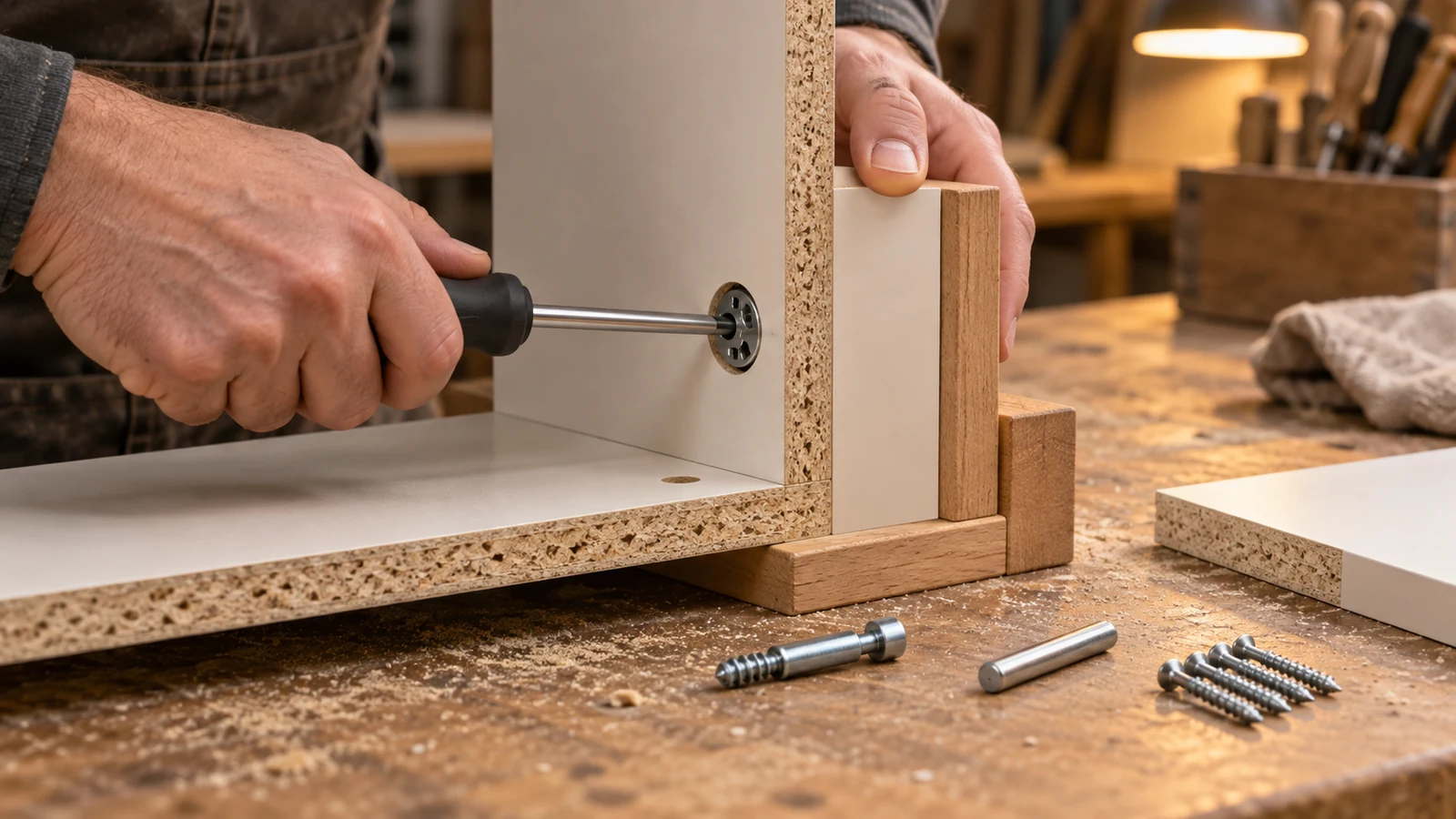 chipboard screws for cam lock fittings shown at a flat-pack panel joint with a cam bolt, cam housing and edge distance
