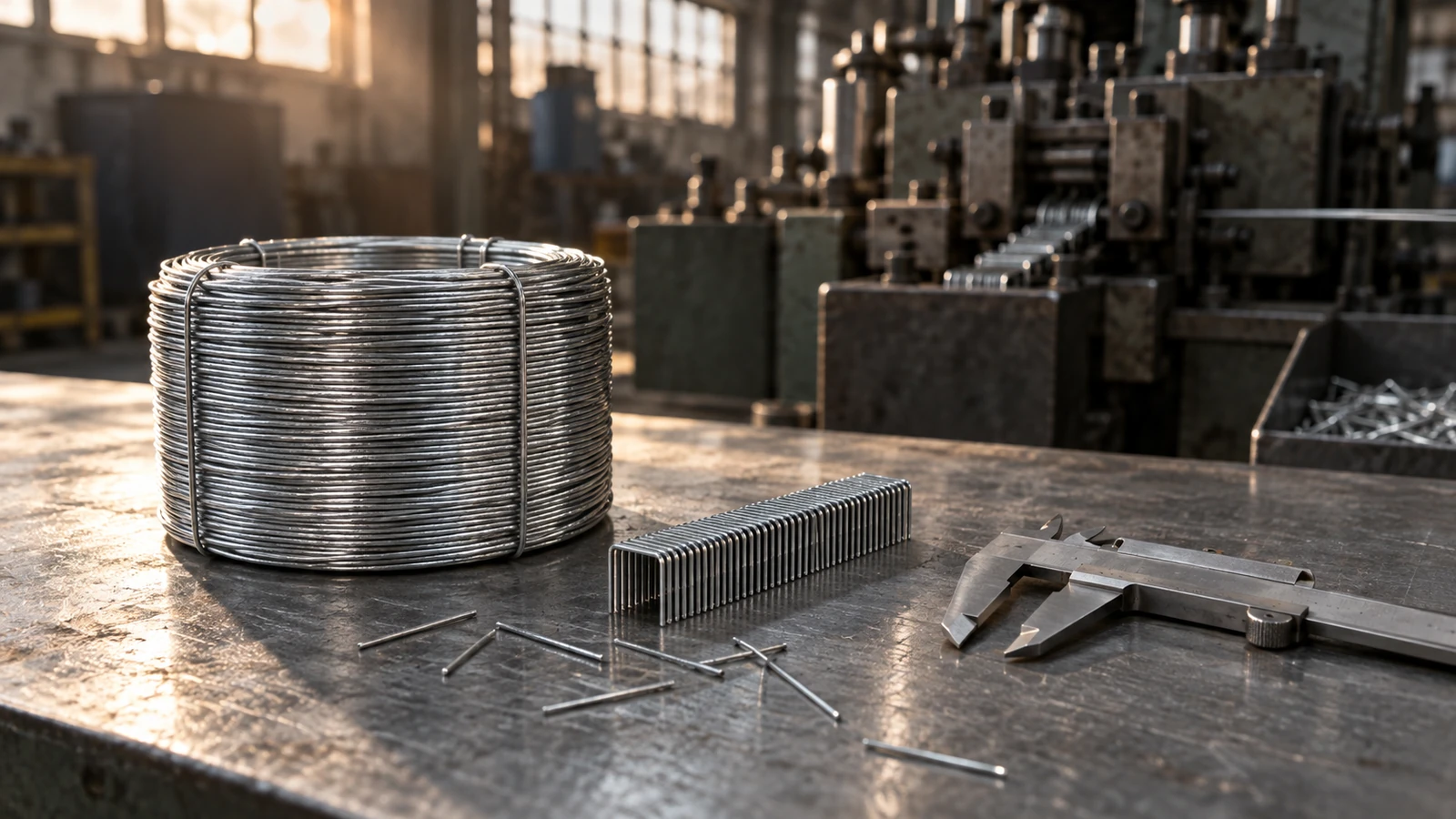 fine wire staple manufacturer audit scene with a coil of galvanised staple wire, a formed staple strip and a measuring caliper on a steel bench