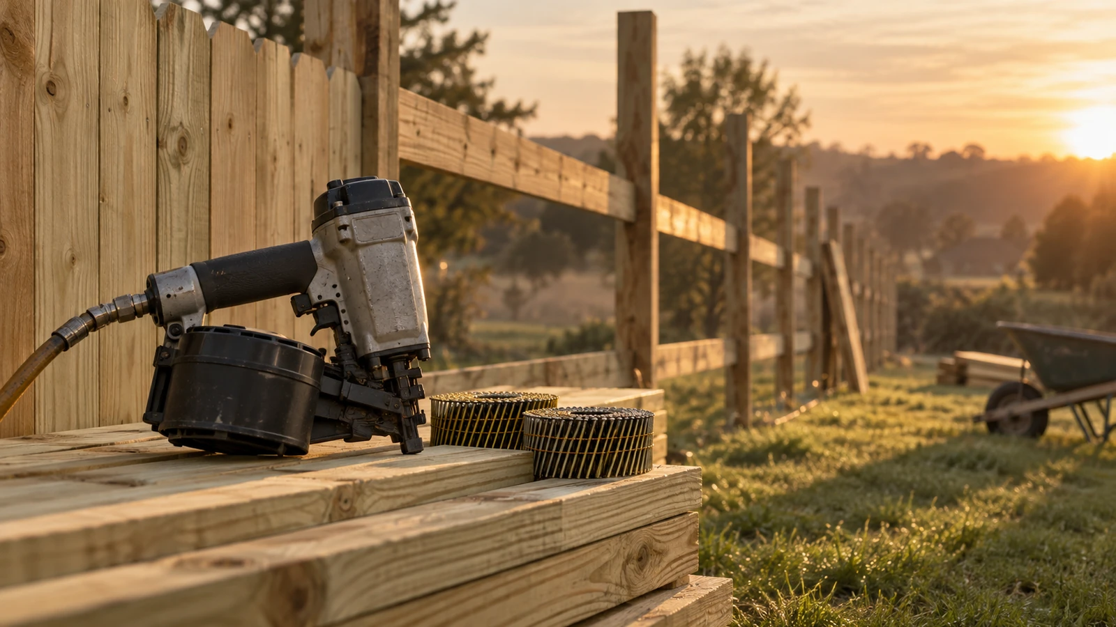 coil nails for fence pickets shown with a coil nailer resting on a pallet of timber pickets beside a newly fixed cedar fence line