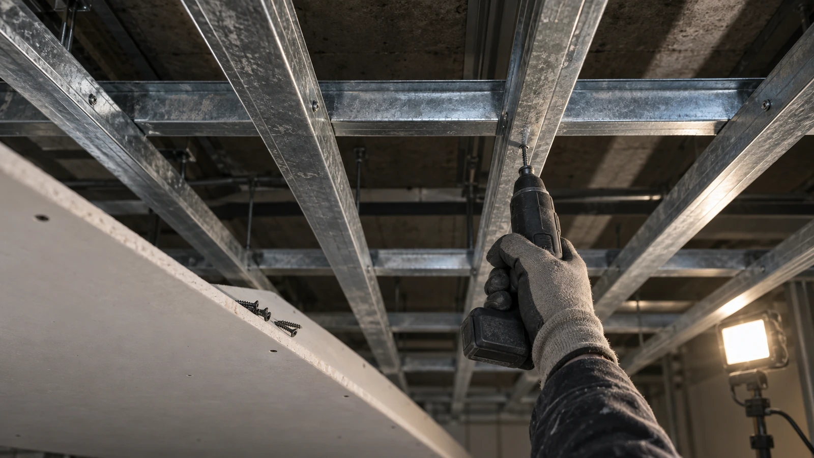 drywall screws for hat channel ceilings being driven into furring channel with boards staged below an overhead ceiling grid