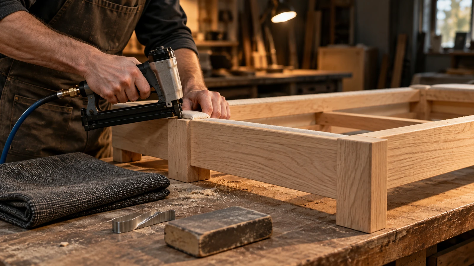 staples for box spring frames being driven along a timber bed frame with spring units and fabric staged beside the assembly table