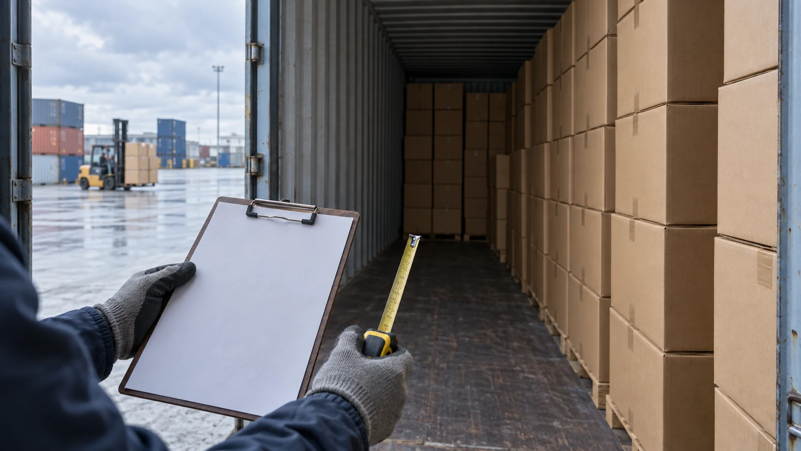 container loading plan for staple cartons with neatly stacked plain cartons and a loading diagram on a clipboard at an open container door