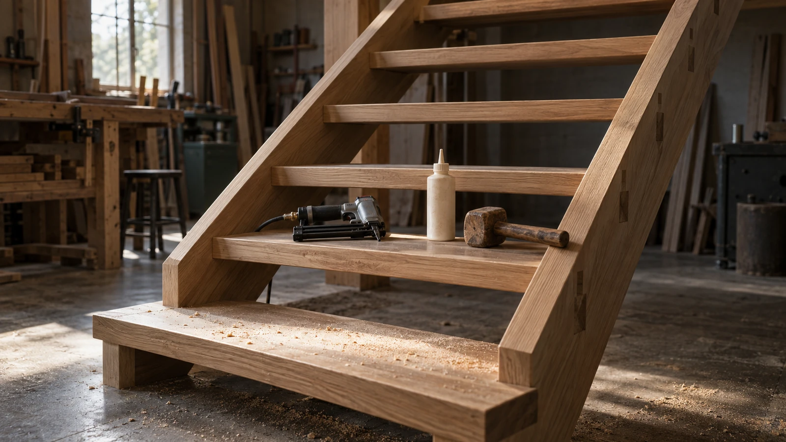brad nails for stair components beside a partly assembled timber stair with treads, risers and a brad nailer on the stringer