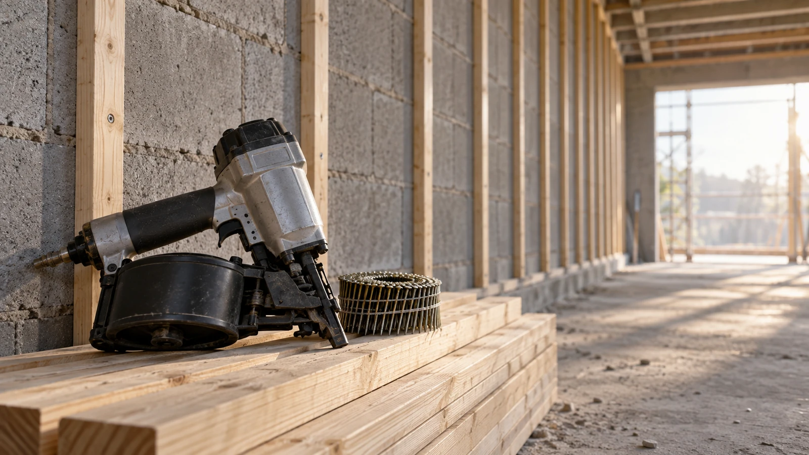 coil nails for furring strips being fixed across a masonry wall with timber battens, a coil nailer and a spirit level on the scaffold