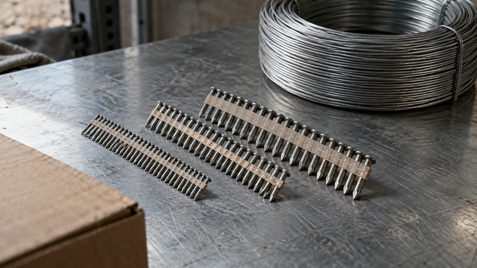 pneumatic nail MOQ by gauge illustrated with strips of nails in three wire gauges beside a coil of wire and a production planning sheet