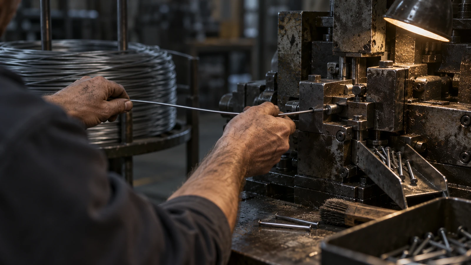 hands guiding wire from a coil into a nail forming press on an unbranded factory line