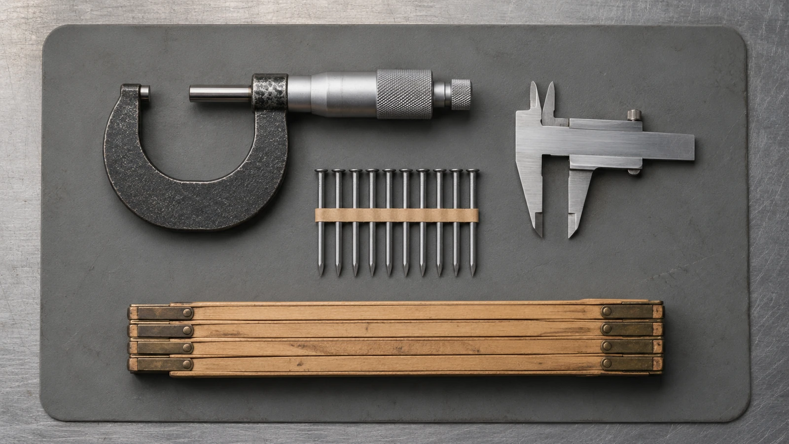 micrometer, calipers and a row of collated nails laid out on an inspection bench during a nail supplier verification