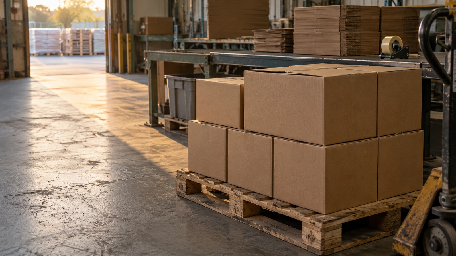 plain unprinted cartons stacked on a pallet at the packing station before a nail order ships