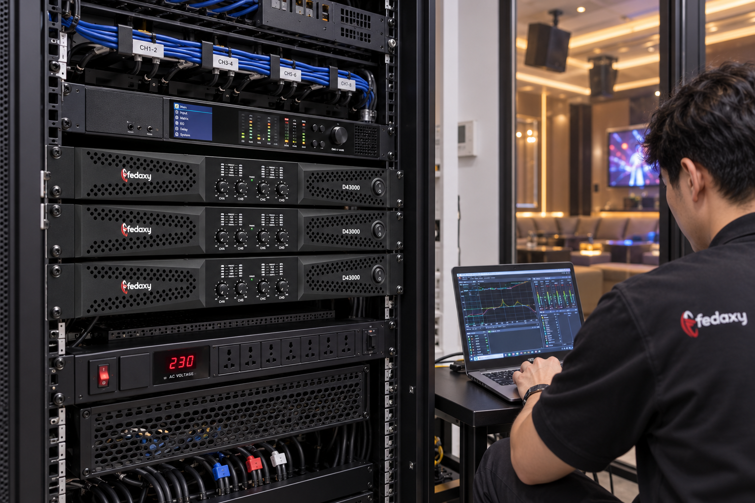 Conceptual installed sound system using wholesale professional power amplifiers