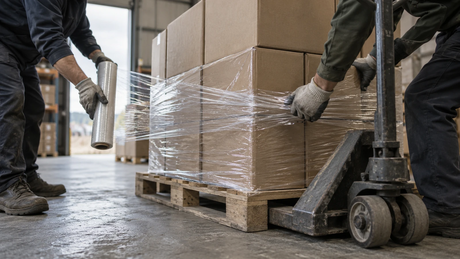 hands stretch-wrapping a pallet of plain cartons before a bulk pneumatic fasteners minimum order ships