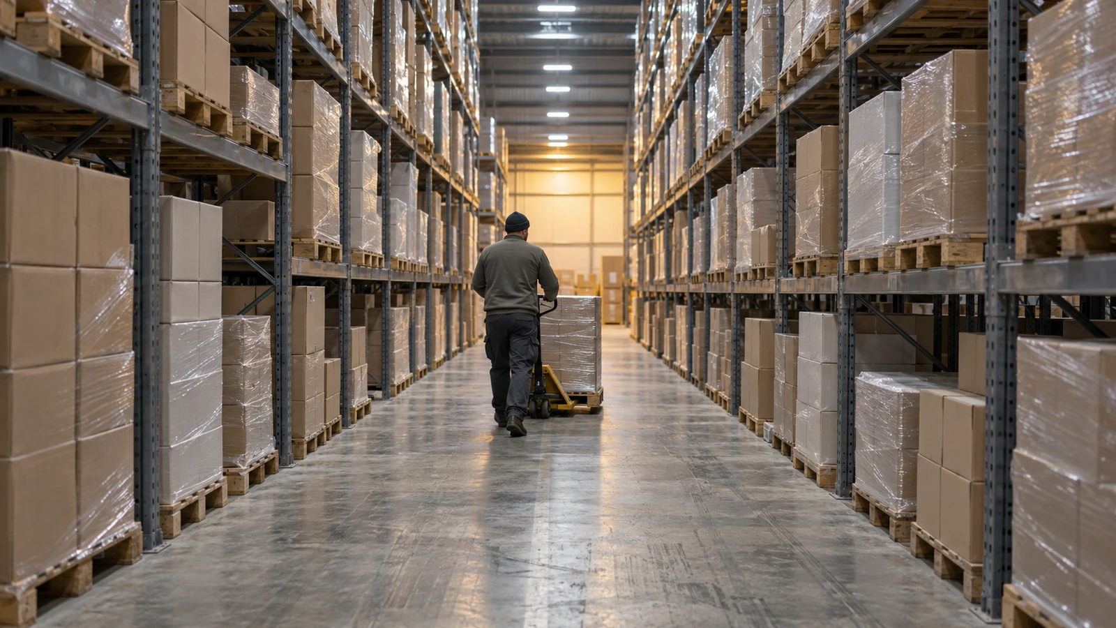 a worker pushing a hand pallet truck down a warehouse aisle of wrapped cartons for a bulk pneumatic fasteners minimum order