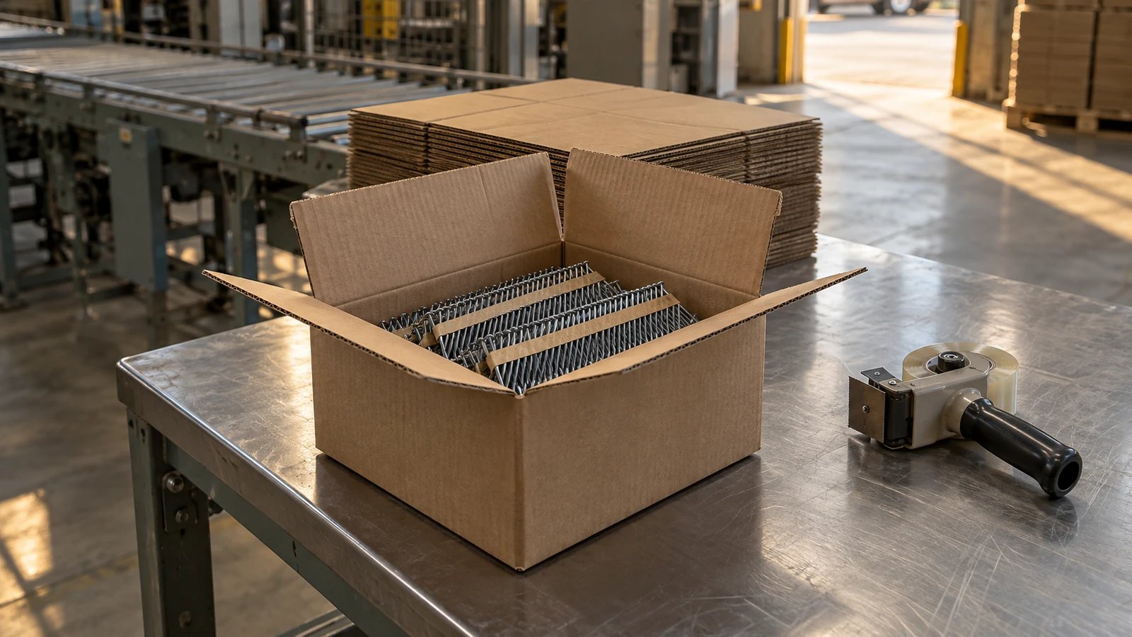 an open carton of collated nails on a packing bench beside a tape dispenser in a bulk pneumatic fasteners minimum order run