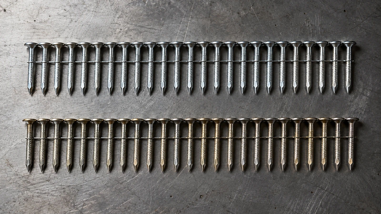 two rows of collated strip nails of the same size with visibly different plating on a steel bench