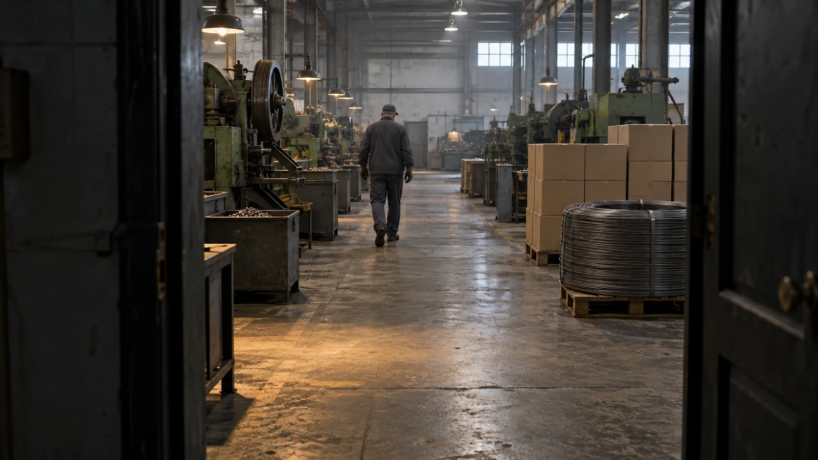 rows of heading machines and a wire coil seen through a doorway on a nail factory floor during a supplier visit