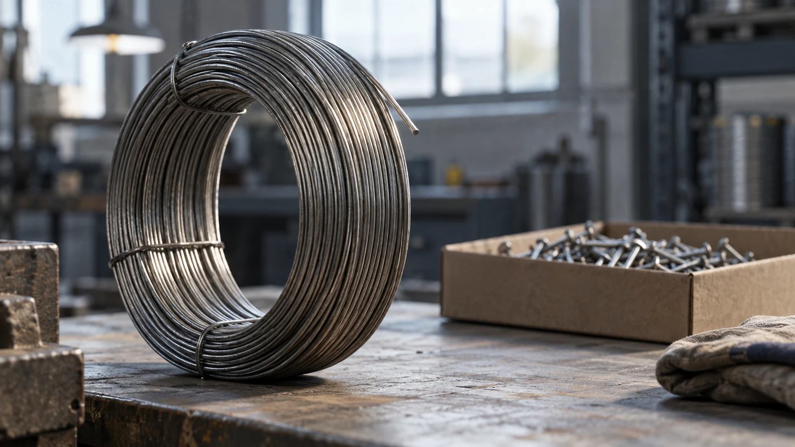 a coil of bright drawn wire standing on end on a bench next to a carton of finished nails